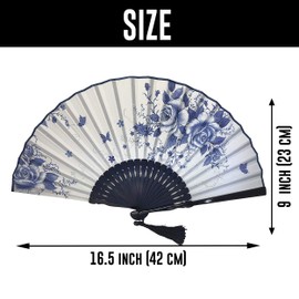 FANSOF.FANS Ink Art Handheld Folding Fan with a Handcrafted Box Fabric Pouch for Women Girls Black and White with Silver Touch Up Durable Folding Fabric Hand Fan (Blue Roses)