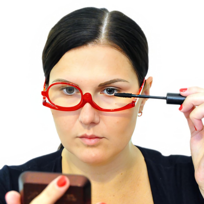 Mini Brille Make-Up Glasses with Flip Lens (Red), Fashionable Magnifying