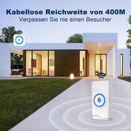 SURFOU Funkklingel, Kabellose Türklingel Batteriebetrieben, 400m Reichweite Aussen Wasserdicht Haustür mit Empfänger Klingel Funk Sender mit LED Blinken, 5 Stufen Volumen 55 Melodien, Weiß