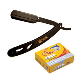 Classic Samurai CS-102MB Stainless Steel Matte Black Finish Professional Barber Straight Edge Shavette Cut Throat Razor with 100 Shark Razor Blades