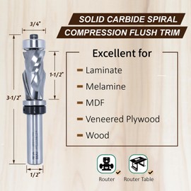 ZUQ | 3/4" Compression Flush Trim Router Bit, 1-1/2" Cutting Height, 1/2" Shank, Solid Carbide, Uncoated (Bright), Upper and Lower Ball Bearing | Z80B1A1-1302 (3/4")