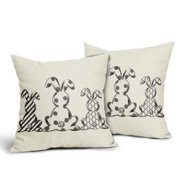 Easter Rabbits Pillow Covers 18X18 Inch Black White Striped Checked Bunny Decorative Pillow Cases Set of 2 Spring Holiday Party Throw Pillows Farmhouse Home Decor For Sofa Couch Cushion Outdoor