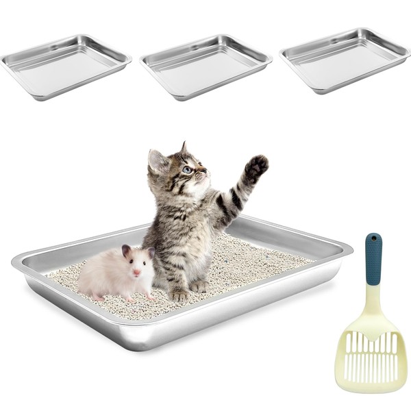 BNOSDM 4 Pcs Stainless Steel Litter Pan Low Entry Cat