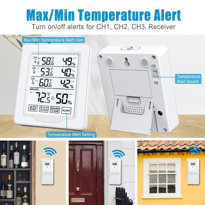 Indoor Outdoor Thermometer Wireless with 3 Remote Sensors, Digital Temperature