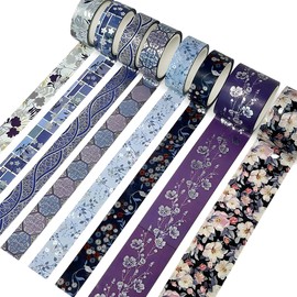 allydrew Nature Metallic Foil Washi Tape Set for Scrapbooking, Stationery, Diary, Card Making, (8 Rolls), Cool Blue Floral