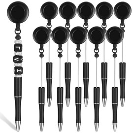 10 Pcs Beadable Pens, Retractable Badge Reel Clip Pull Bead Ballpoint Pen Beaded Pens Bulk Black Ink Creative Diy Pen for Nurse Teacher Student Staff Waitress Office School Gift Supplies (Black)