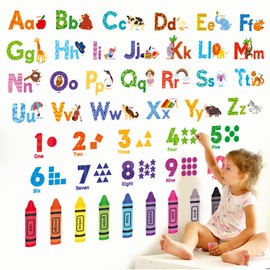 DECOWALL DS8-8044 Coloured with Animal Alphabet Numbers Wall Tattoo Children's Room Decor Peel and Stick Removable ABC Baby Playroom English Children Learning