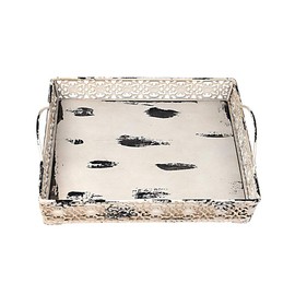 Waroom Home Vintage Style Metal Serving Tray, 11’’x11’’ Distressed Square Decorative Tray with Handles (Cream)