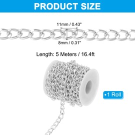 PATIKIL 16.4Ft Aluminium Curb Chains Twisted Links, 11x8mm Curb Chain Spool Jewelry Making Chains Craft Chain for Necklace Bracelet Earring, Silver