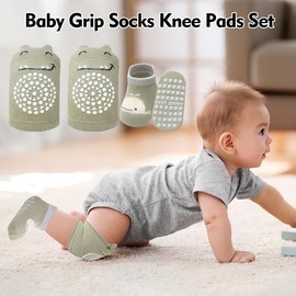 Baby Grip Socks Knee Pads Set, Cotton Grippy Socks Non Slip Baby Crawling Knee Pads Sock 6-12 Months Boy