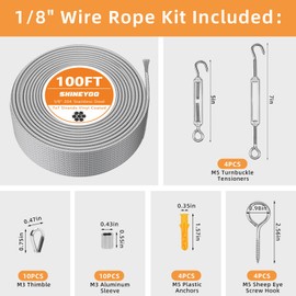 Shineyoo 1/8" Wire Cable Rope Kit 100FT– 7x7 Strand Vinyl Coated 304 Stainless Steel with Turnbuckles for Outdoor, Garden, Patio & Crafts - DIYers, Campers, Homeowners, Weatherproof & UV Resistant