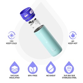 IDEUS Insulated Stainless Steel Water Bottle 17 oz Push Button Lid & Leakproof Travel Mug for Hot/Cold Beverages Fits Most Cup Holder (Sky Blue)