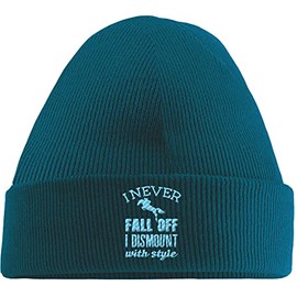 Hippowarehouse I Never Fall Off I Dismount with Style - Horse Riding Embroidered Beanie Hat Blue with Baby Blue Stitch