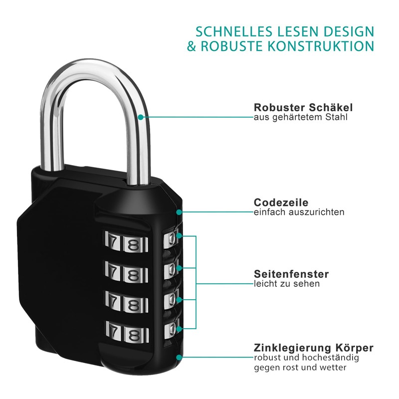 ZHEGE Combination Padlock for Locker, 4-Digit, Weatherproof Lock, Outdoor (Black