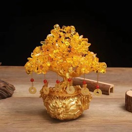 BAEKZ Crystal Bonsai Citrine Tree Money Tree Feng Shui Decorative Dragon Pot (Gold Color)