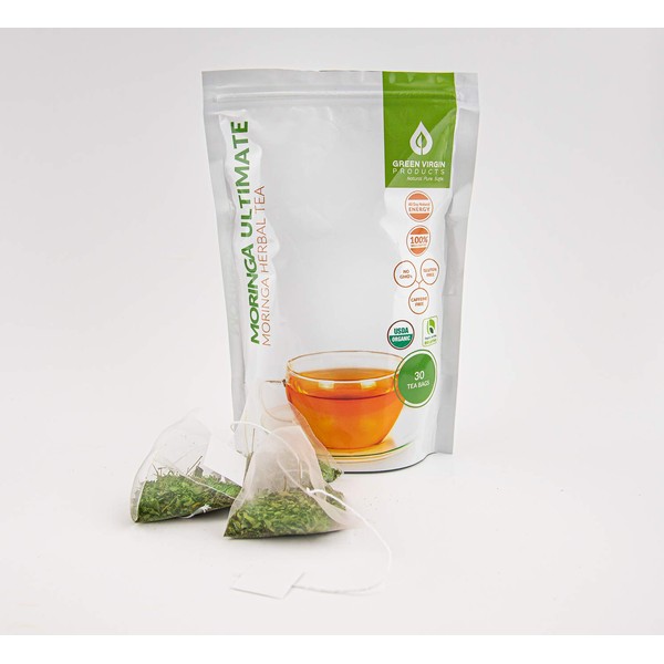 Green Virgin Moringa Oleifera Tea Bags | 100% Pure, Wild-Crafted & Natural Herbal Tea in Oxidation-Free Pouch (30 Bags)