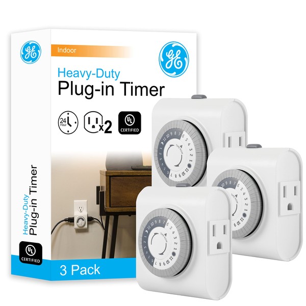 GE 24-Hour Heavy-Duty Indoor Plug-in Mechanical Timer, 3 Pack, 2 Grounded Outlets, 30-Minute Intervals, Daily ON/OFF Cycle, Lamps, Seasonal, Christmas Tree Lights, Holiday Decorations, 66404