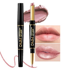 evpct 1Pcs Rose Nude Pink Metallic Shine Shimmer Lip Liner and Lipstick Combo Set Kit for Women, DNM Lightweight Hydrating Formula High Impact Full Coverage Lipstick and Lip Liner Makeup Gloss, 17#
