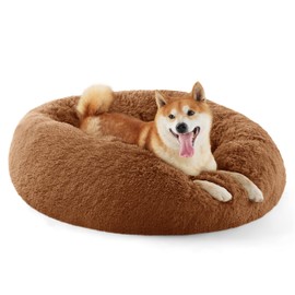 Bedsure Calming Dog Bed for Medium Dogs - Donut Washable Medium Pet Bed, 30 inches Anti-Slip Round Fluffy Plush Faux Fur Cat Bed, Fits up to 45 lbs Pets, Caramel