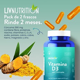 Liv Nutrition | Vitamina D3 Suplemento alimenticio a base de Cúrcuma, Vitamina D3 y Estearato de magnesio con 60 Cápsulas de 400 mg | Pack 2 frascos con 30 capsulas cada uno | 2 meses de rendimiento | 100% Natural, Vegano y Sin gluten | Suplemento Alimenticio