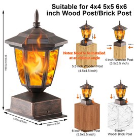 Dynaming 4 Pack Solar Flame Post Lights Outdoor, Solar Powered Lamps Fence Post Cap Lights, Flickering Flame LED Lantern Waterproof for Garden Deck Patio, Fit 4x4, 5x5 or 6x6 Wooden Posts, Bronze
