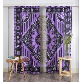 Popular Handicrafts Indian Burning Sun Hippie Mandala Window Curtains Bohemian Style Sun Moon Beautiful Curtains Bedroom Living Room Balcony Valance Panels Purple
