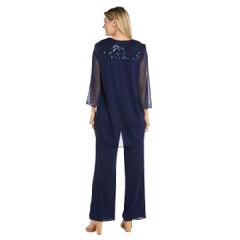 R&M Richards Women's Plus Size 3PC Flyaway Jacket Over Tank Pant Set W/Sequins, Navy