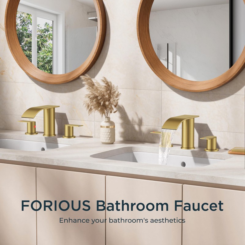 FORIOUS Upgrade Brushed Gold Bathroom Faucets 3 Hole, 8 Inch