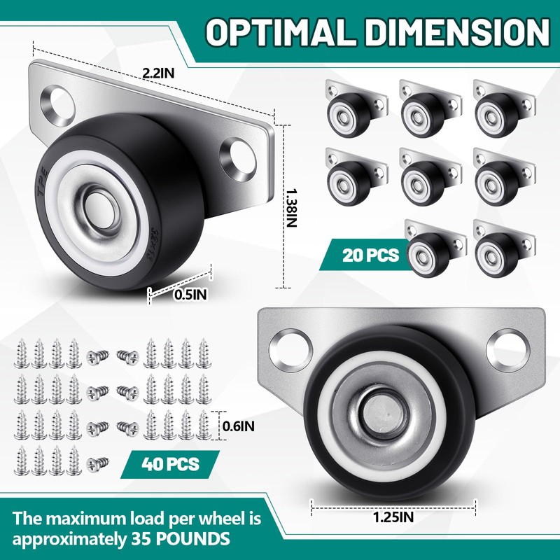 Datanly 20 Set Small Side Mount Caster Wheels 1.25 Inch