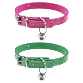 eMagTech 2PCS Cat Collar with Bell PU Leather Comfortable Kitten Collars for 15~23cm Neck Size Adjustable Length Small Pets Supplies 1cm Width Rose Red & Green