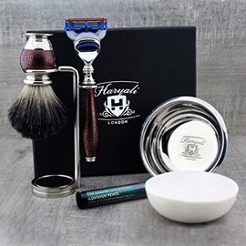 5 Piece Shaving Set for Men in Maroon Antique Handle Comes with Razor and Black Badger Hair Brush Perfect Gift for Men