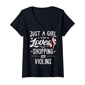 Womens Just A Girl Who Loves Shopping And Violins Gift Women V-Neck T-Shirt