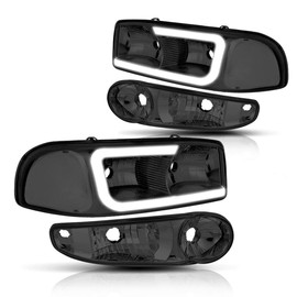 PM PERFORMOTOR [4Pcs] LED DRL Headlight+Bumper Lamps Assembly Compatible with 00-06 Sierra Yukon Denali,Smoked Lens/Clear Corner