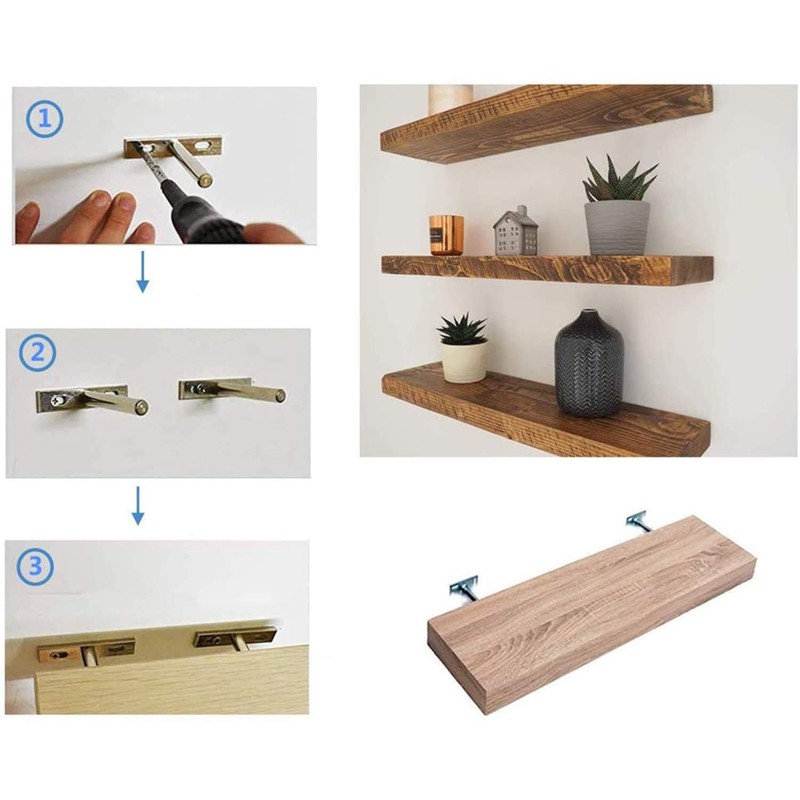 XMHF 3 Inch Floating Shelf Brackets Brass Tone, 2 Pack