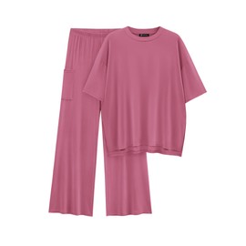 PRETTYGARDEN Women's 2 Piece Outfits Casual Short Sleeve Pullover Tops and Wide Leg Pants Lounge Sets Tracksuits (Pink,Large)