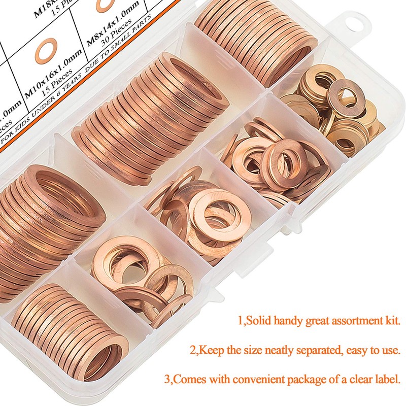 HELIFOUNER Copper Washers, 150PCS 8 Sizes Copper Metric Sealing Washers