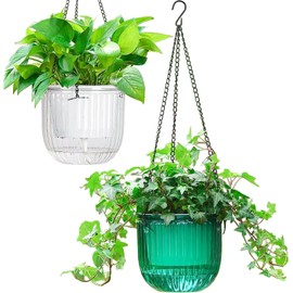 Melphoe 2 Pack Self Watering Hanging Planters Indoor Flower Pots, 6.5 Inch Outdoor Hanging Plant Pot Basket, Plant Hanger with 3Hooks Drainage Holes for Garden Home