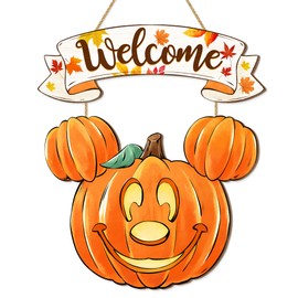 Fall Mouse Shaped Pumpkin Welcome Door Sign, Wooden Autumn Maple Leaves Hanging Decor for Front Door, Fall Pumpkin Wood Wreath Yard Wall Decor for Harvest Thanksgiving Home Decorations