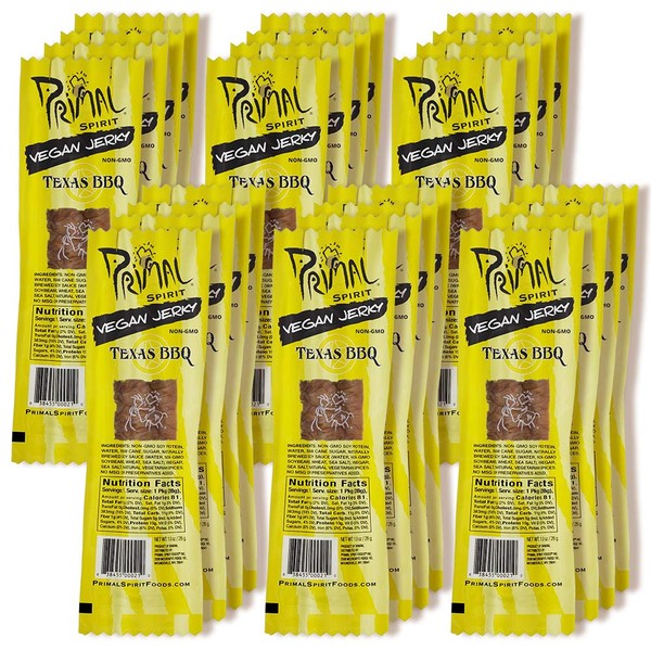 Primal Spirit Vegan Jerky – “Classic Flavor” – Texas BBQ, 10 g. Plant Based Protein, Certified Non-GMO, No Preservatives, Sports Friendly Packaging (24 Pack, 1 oz)
