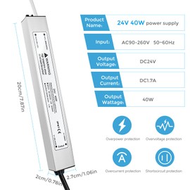 24V 40W LED Power Supply, Waterproof IP67 LED Driver, AC 110V to DC 24 Volt Low Voltage Transformer with 3-Prong Plug 3.3 Feet Cable for Indoor Outdoor LED Light, Computer Project