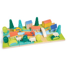 Mentari Toys - Tiny Town Jigsaw - 29pc Wooden Town Playset with Trees, Vehicles, Animals & Buildings - Puzzle Base for Imaginative Play - Encourages Problem-Solving & Motor Skills - Age 3+