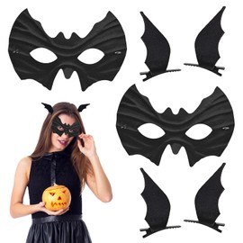 SUBRINGE Bat Mask, Bat Hair Clips, 2 Pieces Halloween Bat Mask and Hair Clips Set, Black Masquerade Eye Masks, for Costume Accessories, Cosplay, Halloween, Carnival Party
