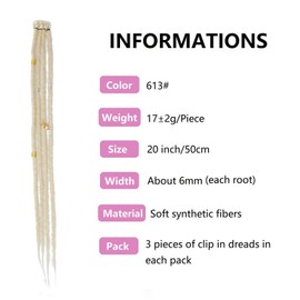 Dsoar Thin Dreadlock Extensions with Clips 20 Inch Clip In Dreads Handmade 3Pcs Crochet Loc Extensions(613#)