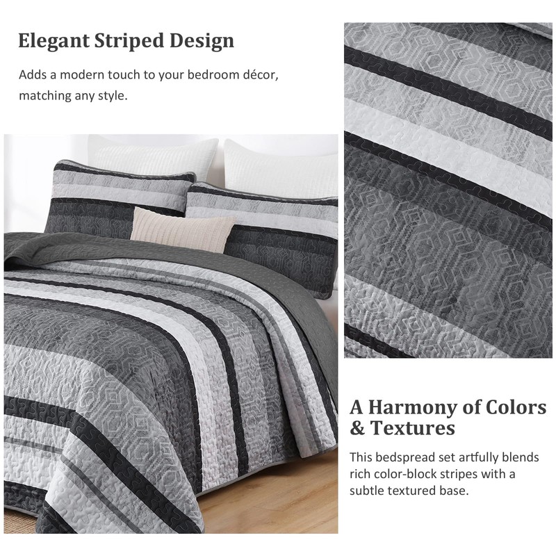 Dobuyly Grey Queen Quilt Set, Boho Bedspread Queen Size, Striped