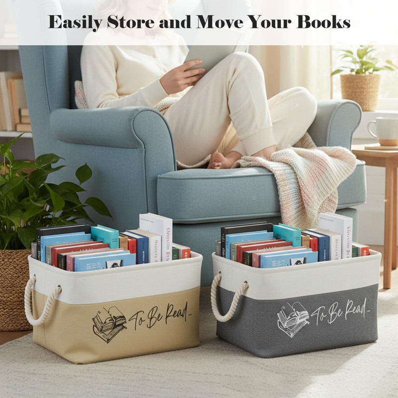 2-Pack TBR Book Storage Baskets with Rope Handles, Beige and