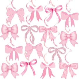 Pink Bow Party Decorations Hanging Swirls, 21 Piece Bow Birthday Baby Shower Bridal Shower Hanging Swirls,Pink Bows Birthday Banner Bows Party Hanging Swirl for Birthday Party Decorations