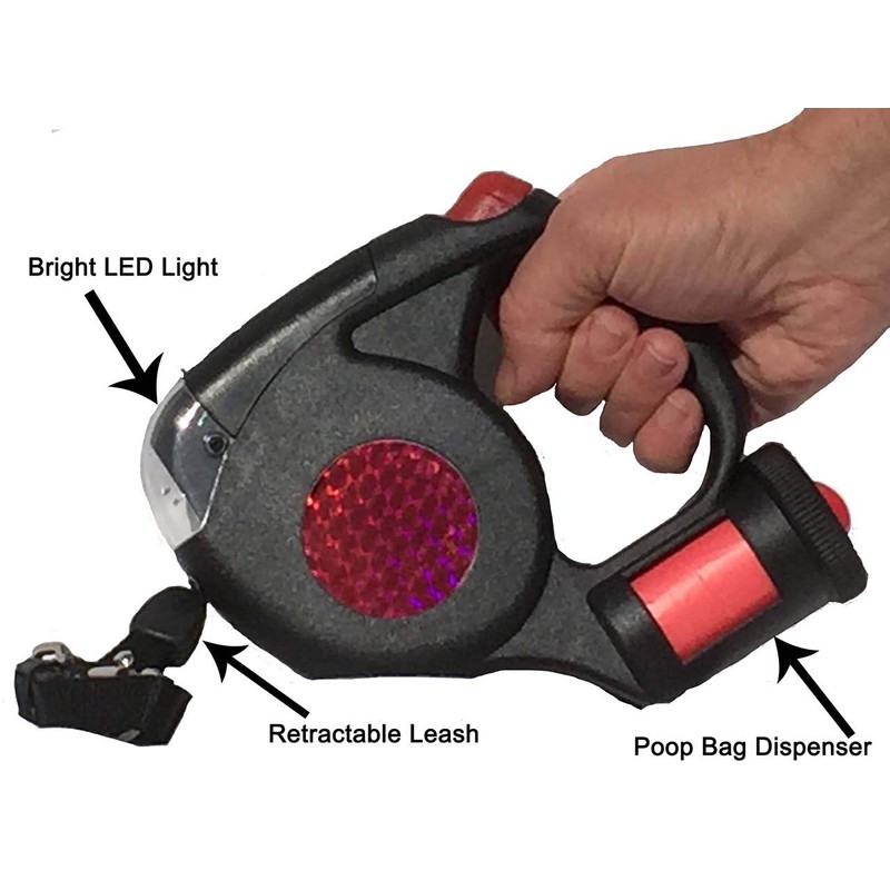 Dog Leash Retractable with LED Light and Poop Bag Dispenser