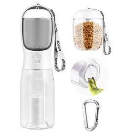 20oz Dog Water Bottle with Food Container & Poop Bag Dispenser | Leak-Proof Portable Pet Water Dispenser with Carabiner Clip | for Walking, Hiking, Travel (White, 20oz)
