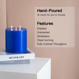 MOZEAL Extra Large 3 Wick Blue Pillar Candle, 6" x 6", Unscented, Dripless, Smokeless, and Clean-Burning. Approx. 120 Hours of Burn Time. Perfect for Weddings, Dinners, Christmas and Home Decor