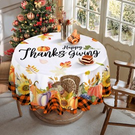 Sundonix Thanksgiving Fall Tablecloth Fabric Round - Polyester Tables Cloth Cover Autumn Harvest Orange Pumpkin Buffalo Plaid Turkey Decor Waterproof 70x70 Inches
